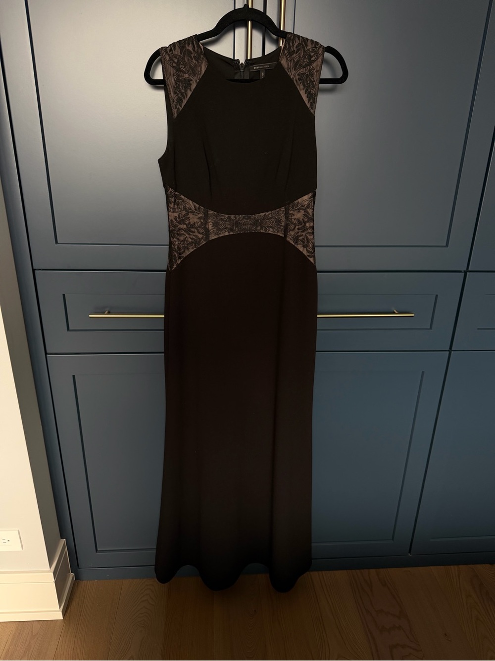 BCBG Black Sleeveless Maxi with Lace-Pattern Insets
